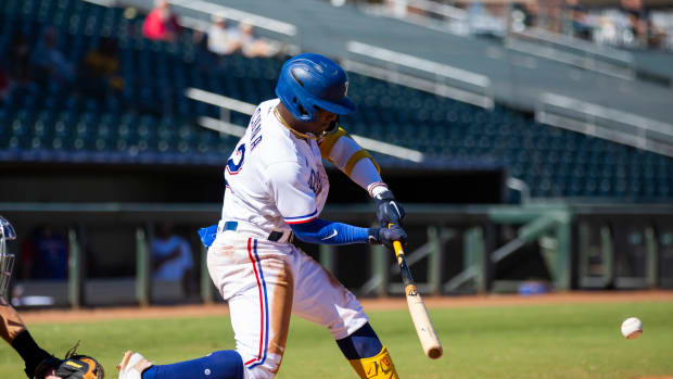 Oct 26, 2022; Surprise, Arizona, USA; Texas Rangers infielder Luisangel Acuna plays for the Surprise Saguaros during an Arizona Fall League baseball game at Surprise Stadium. Mandatory Credit: Mark J. Rebilas-USA TODAY Sports